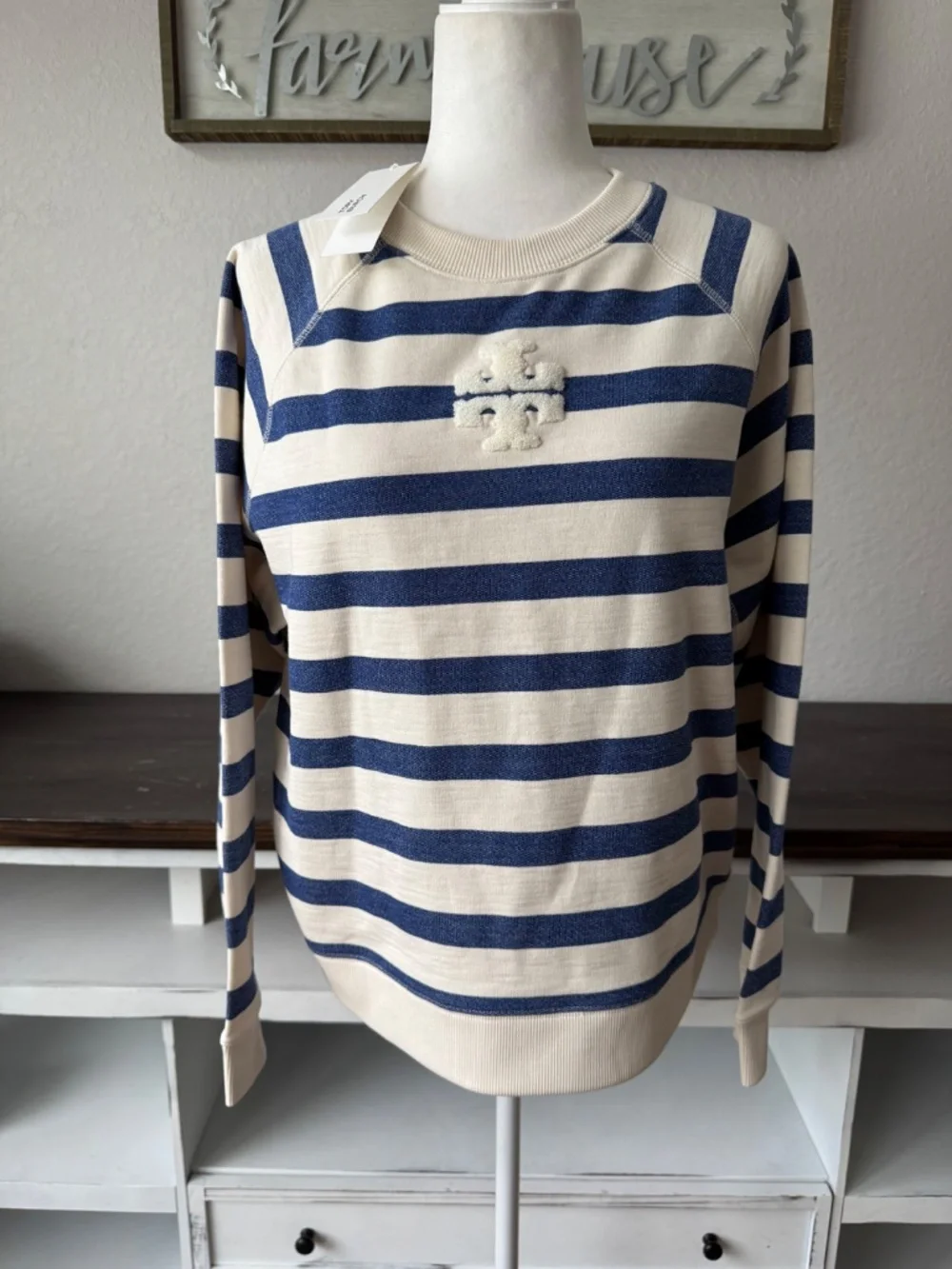 NWT Tory Burch Striped Cotton Sweatshirt New Ivory Basin Stripe Women's L
